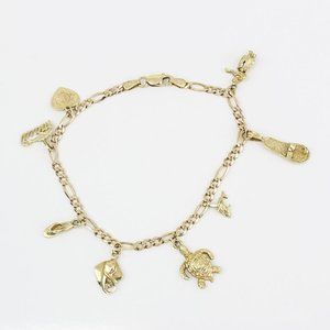 14k Yellow Gold Maui Hawaii Themed Hula Turtle Flip-Flop Charm Bracelet